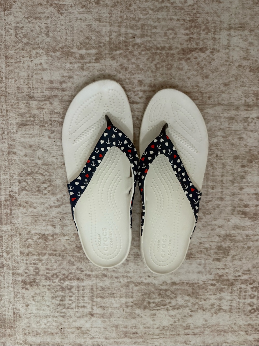 CROCS White Footbed Flip Sandals with Navy Anchor-Print Straps